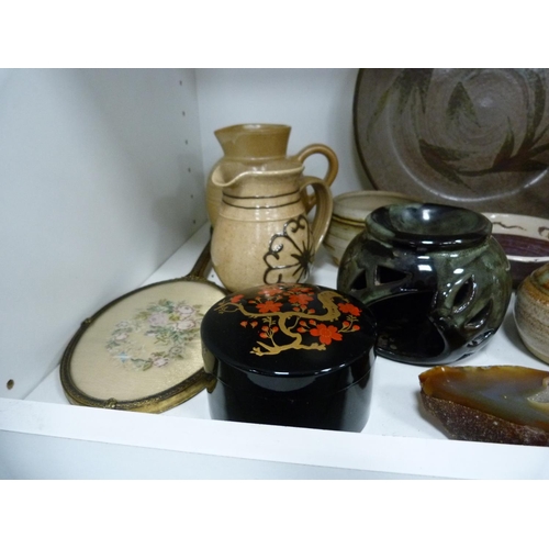 160 - Studio pottery jugs, vases, mineral pen stand, large plate etc (one shelf).
