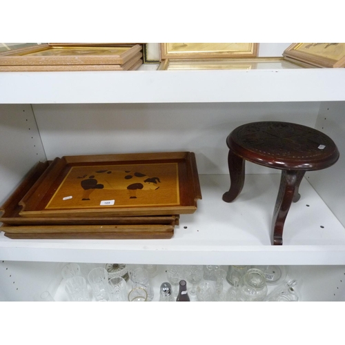 169 - Milking-style stool and three marquetry trays (one shelf).