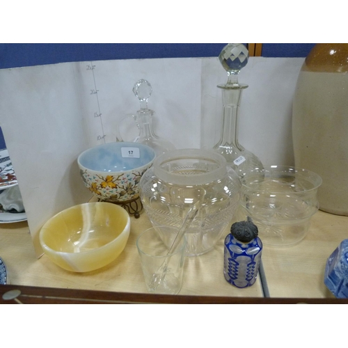 17 - Two glass decanters with stoppers, rinsing bowls, opaque glass bowl on stand, cut glass vase, blue g... 