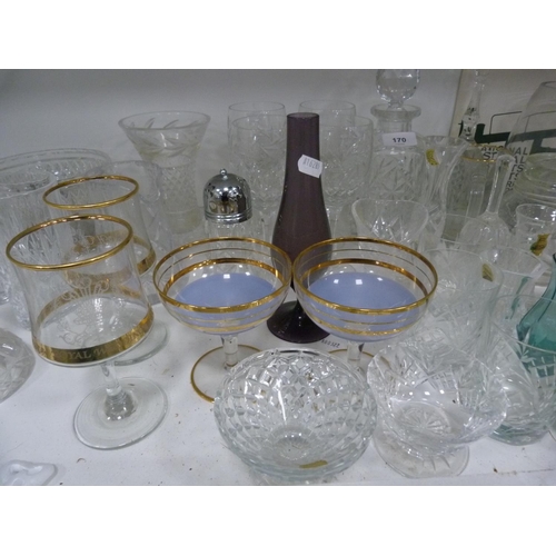 170 - Glass and crystal to include carnival glass twin-handled bowl, crystal decanter with stopper, four c... 