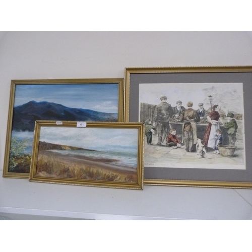 171 - Lunan Bay, Angus, signed indistinctly, oil on board, also a landscape oil on board and a signed prin... 