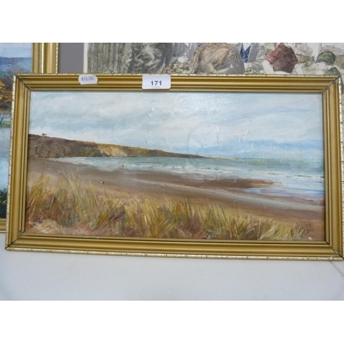171 - Lunan Bay, Angus, signed indistinctly, oil on board, also a landscape oil on board and a signed prin... 