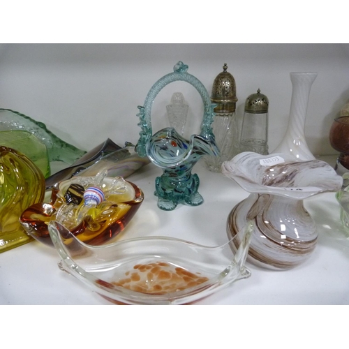 174 - Coloured and mottled glass including carnival glass vase, posy baskets, spill vase, ashtray, sugar s... 