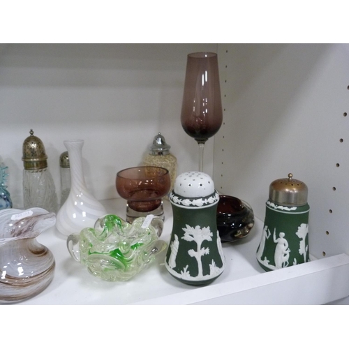 174 - Coloured and mottled glass including carnival glass vase, posy baskets, spill vase, ashtray, sugar s... 