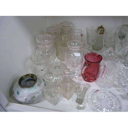 175 - Glassware and crystal including crystal decanter with stopper, bowl with spreader, plain glass decan... 