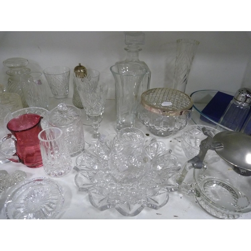 175 - Glassware and crystal including crystal decanter with stopper, bowl with spreader, plain glass decan... 
