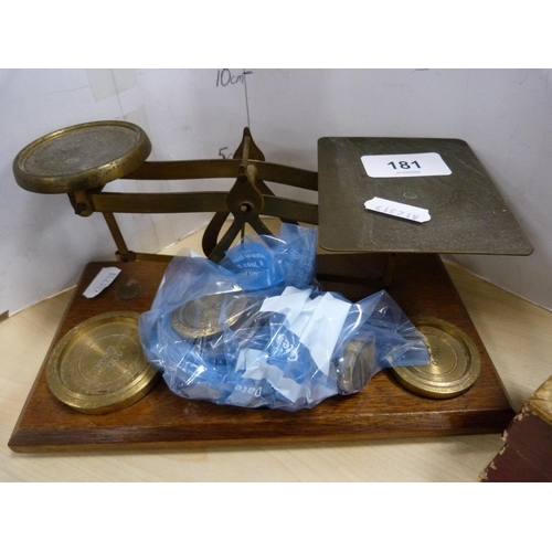 181 - Set of postal scales with brass weights and three boxed antique billiard balls by JA Ashcroft & ... 