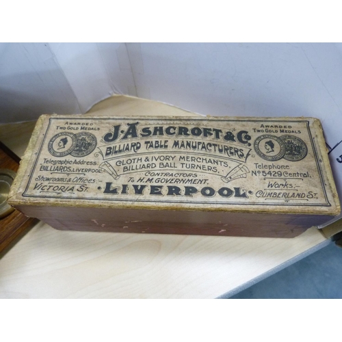 181 - Set of postal scales with brass weights and three boxed antique billiard balls by JA Ashcroft & ... 