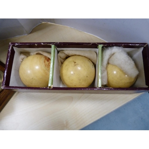 181 - Set of postal scales with brass weights and three boxed antique billiard balls by JA Ashcroft & ... 