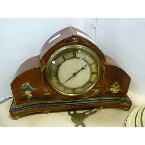 187 - Chinoiserie decorated mantel clock, with key, also an anniversary-style clock under glass dome. ... 