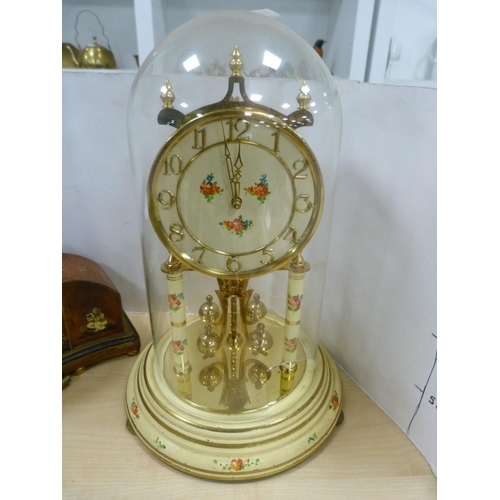 187 - Chinoiserie decorated mantel clock, with key, also an anniversary-style clock under glass dome. ... 