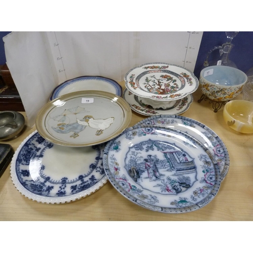 19 - Decorative plates including Highland Stoneware plate decorated with chickens, blue and white plates,... 