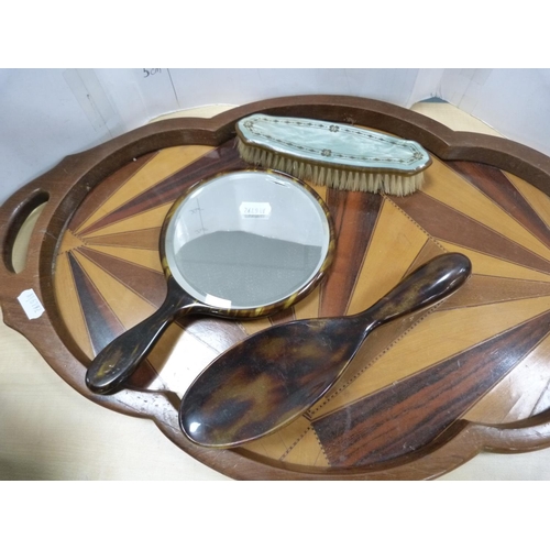 194 - Three-piece dressing table set, cased gent's travel set and a marquetry serving tray.