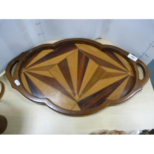 194 - Three-piece dressing table set, cased gent's travel set and a marquetry serving tray.