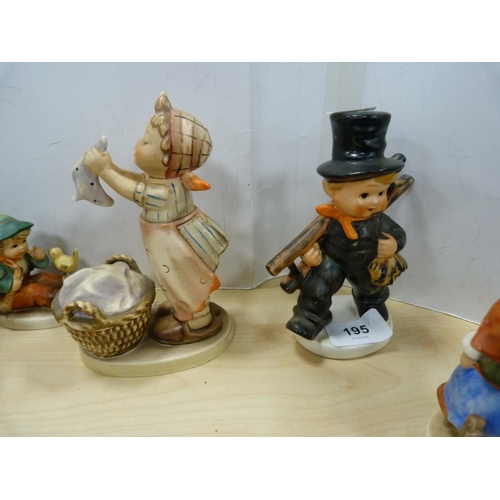 195 - Group of Goebel Hummel figures including Chimney Sweep, Apple Tree Girl, Apple Tree Boy, Schoolgirl,... 