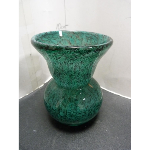 203 - Strathearn mottled glass vase, with original label, and a Scottish green glass spill vase.