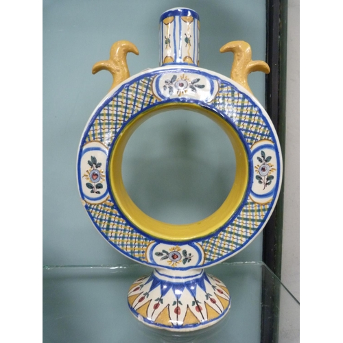 204 - Quimper-style moon-shaped flask with a similar crock.  (2)