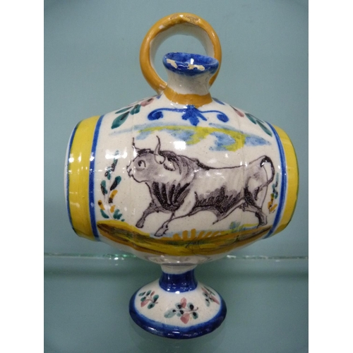 204 - Quimper-style moon-shaped flask with a similar crock.  (2)