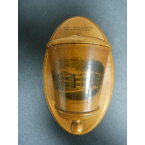 216 - Mauchline ware cylindrical etui case with lid, bell ornament depicting Dollar Institution, a string ... 