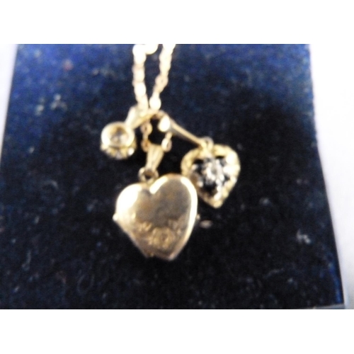 225 - Yellow metal heart-shaped locket on chain, 9ct gold heart-shaped gem-set pendant and a similar penda... 