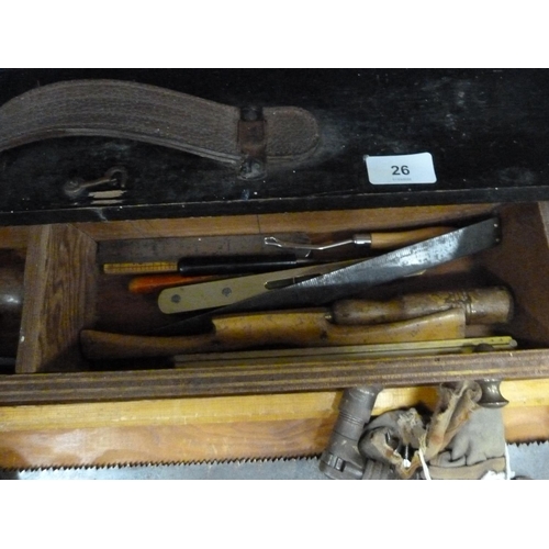 26 - Collection of early 20th century woodworking and other tools including saw, drill bits, chisels, tur... 