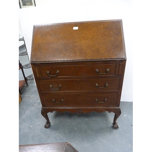 292 - Walnut and mahogany writing bureau on ball and claw feet.