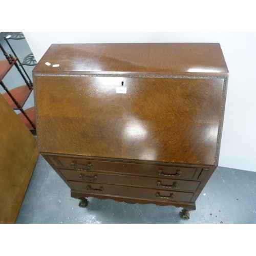 292 - Walnut and mahogany writing bureau on ball and claw feet.