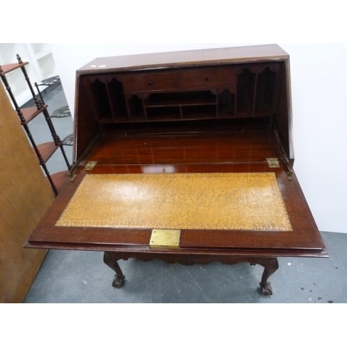 292 - Walnut and mahogany writing bureau on ball and claw feet.