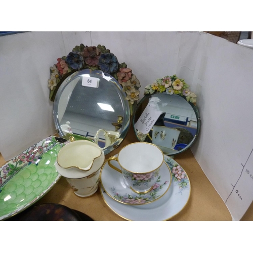 64 - Two Barbola mirrors, china trio, Lawley's milk jug, Maling oval dish, three dressing mirrors, toy ir... 