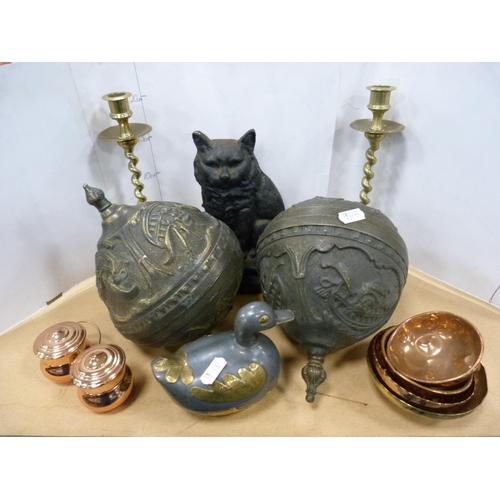 65 - Pair of brass spiral candlesticks, cast iron doorstop modelled as a cat, two similar cast metal ceil... 
