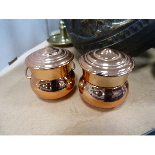 65 - Pair of brass spiral candlesticks, cast iron doorstop modelled as a cat, two similar cast metal ceil... 