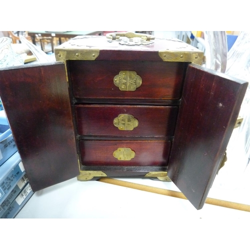 76 - Oriental hardwood collector's box with brass mounts, cylindrical box with cover and a collection of ... 