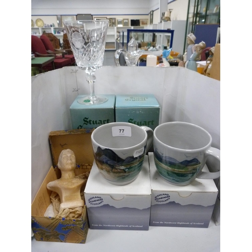 77 - Pair of Highland Stoneware mugs, boxed, pair of boxed Stuart Crystal wine glasses and a modern bust ... 