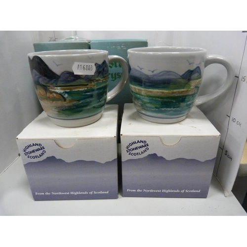 77 - Pair of Highland Stoneware mugs, boxed, pair of boxed Stuart Crystal wine glasses and a modern bust ... 