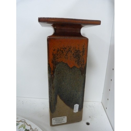 129 - Rawson Pottery art pottery vase, set of four wine glasses, two Wedgwood ashets and a modern Wedgwood... 