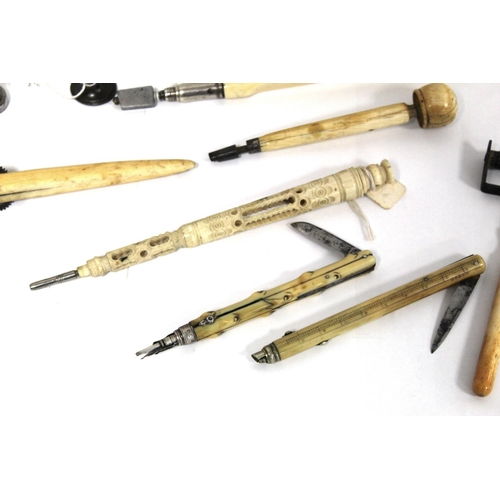 334 - Collection of various ivory handled writing and other implements, including: pencils, one with Stanh... 