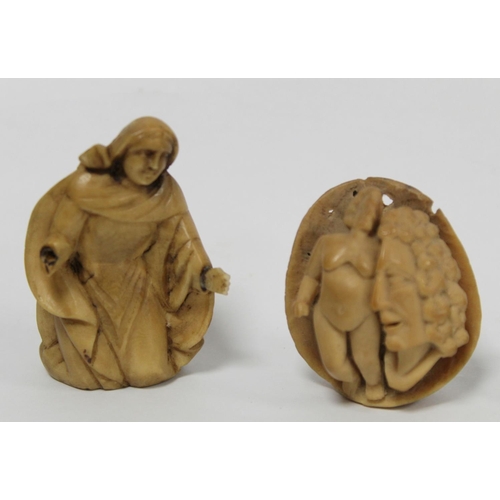 340 - Four 19th century vegetable ivory carvings, two of religious figures, each 6cm high, one with bust h... 