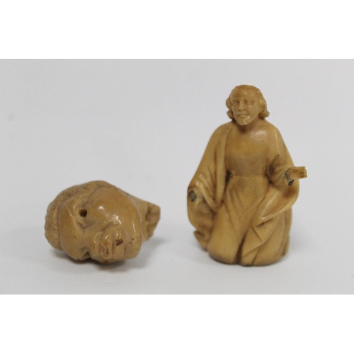 340 - Four 19th century vegetable ivory carvings, two of religious figures, each 6cm high, one with bust h... 