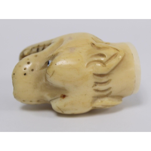 341 - 19th century ivory walking stick finial in the form of a leopard's head, 5.5cm long and two other fi... 