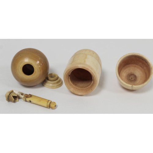 349 - Unusual antique ivory turned vessel of pear form with screw top and base and sprung column, probably... 