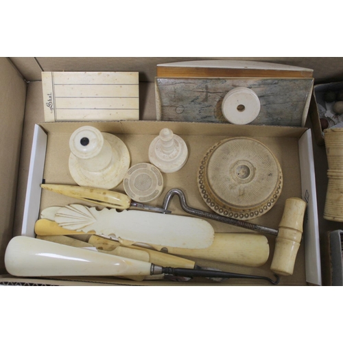 350 - Small collection of antique ivory and bone items including shoehorns, button hooks, blotter, shaker,... 