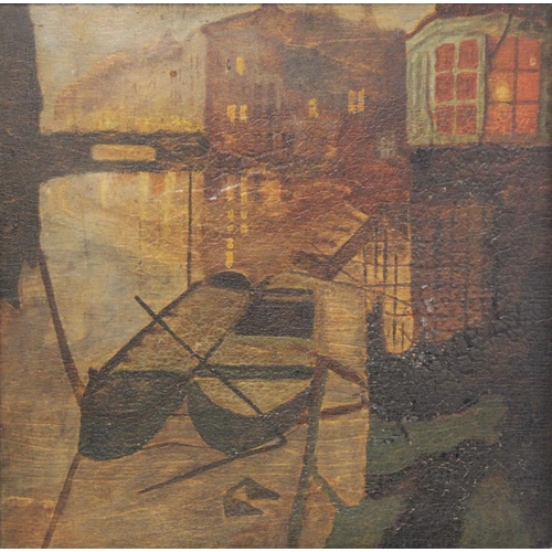 360 - Late 19th/Early 20th Century School.Punts moored on a river at dusk.Oil on panel.23cm x 23cm.Inscrib... 