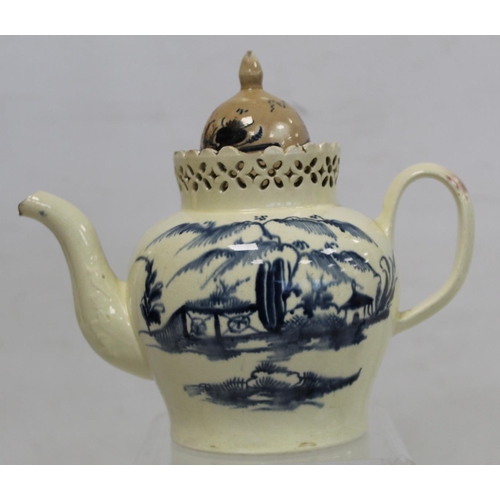 365 - 18th century creamware teapot of baluster form with reticulated rim, plain reeded handle and acanthu... 