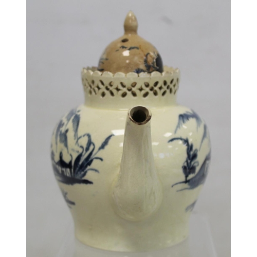 365 - 18th century creamware teapot of baluster form with reticulated rim, plain reeded handle and acanthu... 