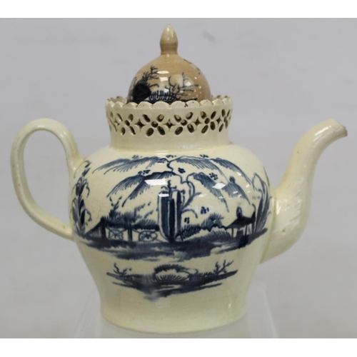 365 - 18th century creamware teapot of baluster form with reticulated rim, plain reeded handle and acanthu... 