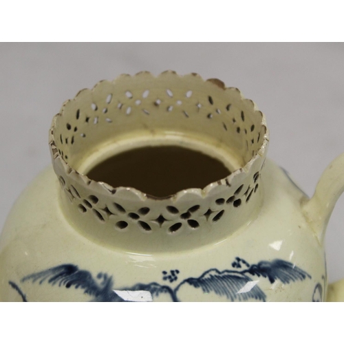 365 - 18th century creamware teapot of baluster form with reticulated rim, plain reeded handle and acanthu... 