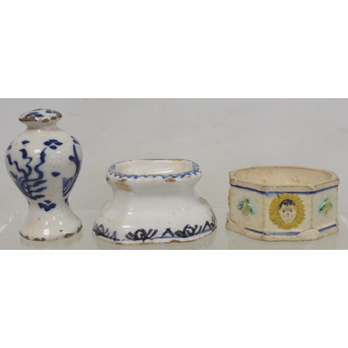 367 - Dutch Delft trencher salt of octagonal form, 9.5cm long; another trencher sale; blue and white Delft... 