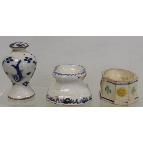 367 - Dutch Delft trencher salt of octagonal form, 9.5cm long; another trencher sale; blue and white Delft... 