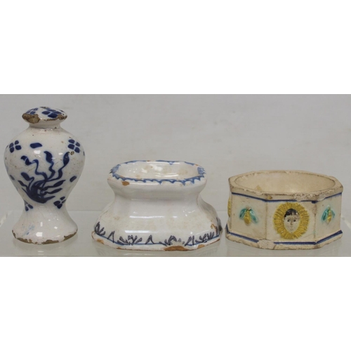 367 - Dutch Delft trencher salt of octagonal form, 9.5cm long; another trencher sale; blue and white Delft... 