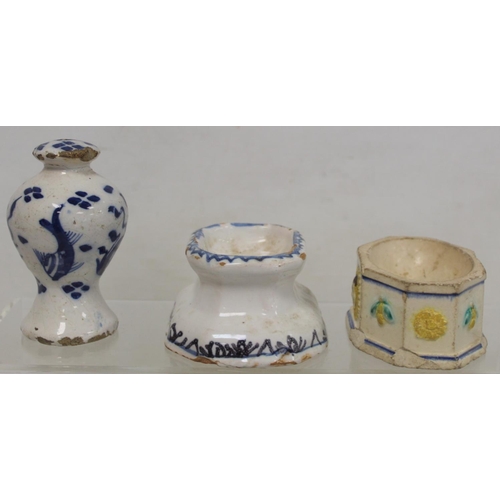 367 - Dutch Delft trencher salt of octagonal form, 9.5cm long; another trencher sale; blue and white Delft... 